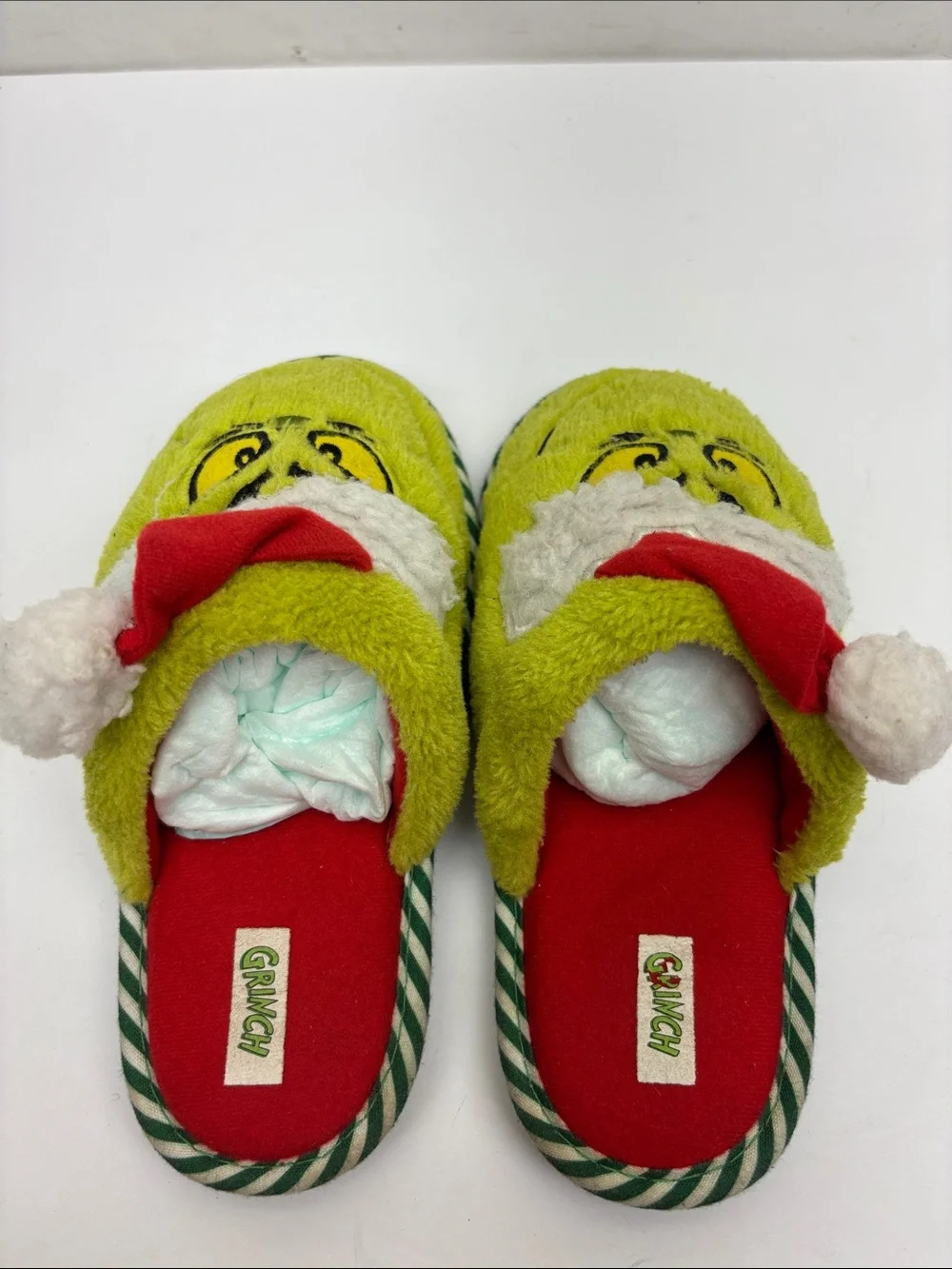 Kids Plush Grinch Slippers with Santa Hat Green, SZ 13-1 for little kids, box 73